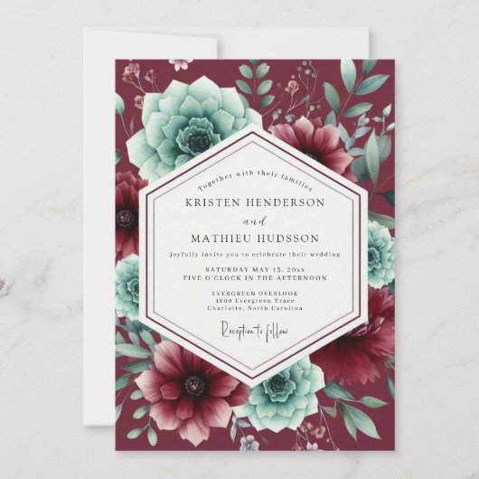 Burgundy Lush Succulent Wedding Kaart (Voorkant)
