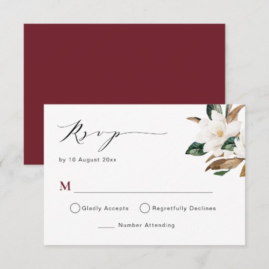 burgundy magnolia floral bruiloft RSVP-kaart RSVP Kaartje (Voorkant / Achterkant)