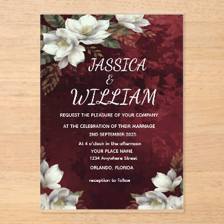 Burgundy & Magnolia Garden Floral Wedding Invitati Acryl Uitnodigingen
