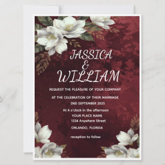 Burgundy & Magnolia Garden Floral Wedding Invitati Kaart