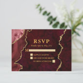 Burgundy Marble Agate Geode Wedding Gold RSVP Kaartje (Staand voorkant)