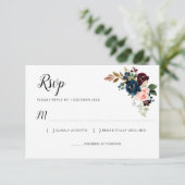 Burgundy marineblauw roze bloem roze antwoordkaart RSVP kaartje (Staand voorkant)