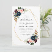 burgundy & marinegoudgeometrische bruiloft kaart (Staand voorkant)