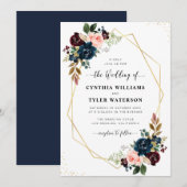 burgundy & marinegoudgeometrische bruiloft kaart (Voorkant / Achterkant)