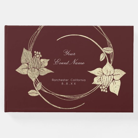 Burgundy Maroon Champaign Gold Floral Wreath Lux Gastenboek (Voorkant)