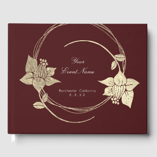 Burgundy Maroon Champaign Gold Floral Wreath Lux Gastenboek (Voorkant)