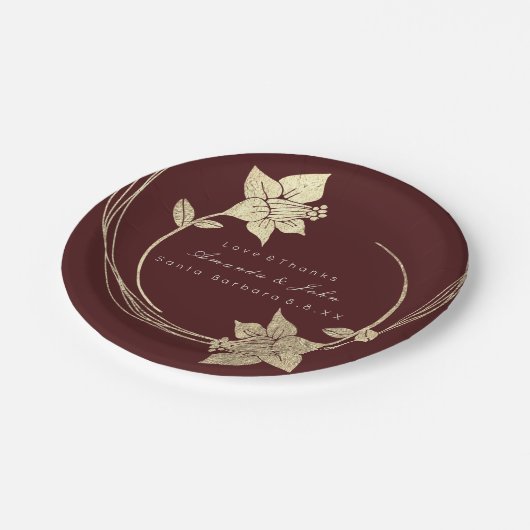 Burgundy Maroon Champaign Gold Floral Wreath Lux Papieren Bordje (Gekanteld)