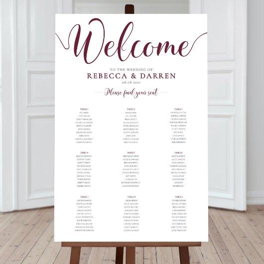 Burgundy Maroon Deep Red Seating Chart 9 tafels Poster