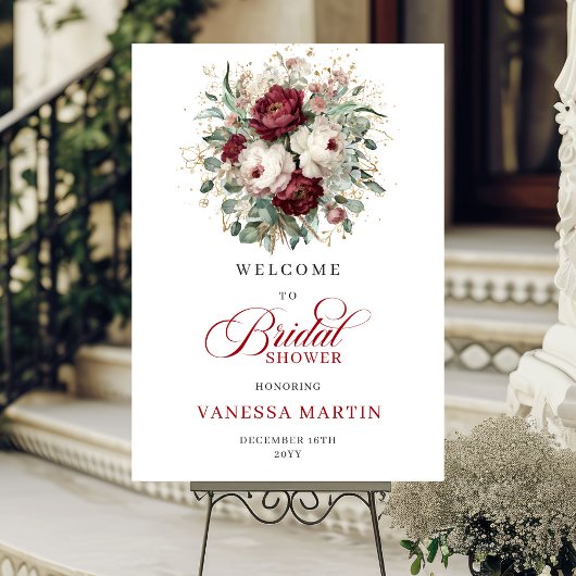 Burgundy Maroon Floral Bridal Shower Welcome Poster