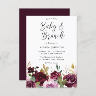 Burgundy Maroon Flowers Baby & Brunch Baby shower Kaart