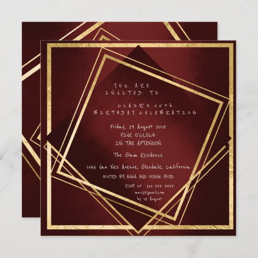 Burgundy Maroon Geometry Golden Square Birthday Kaart (Voorkant / Achterkant)
