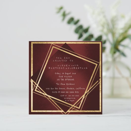 Burgundy Maroon Geometry Golden Square Birthday Kaart (Staand voorkant)