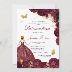 Burgundy Maroon Gold Floral Butterfly Quinceañera Kaart