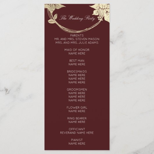 Burgundy Maroon Gold Floral Event Wedding Program Programmakaart (Achterkant)