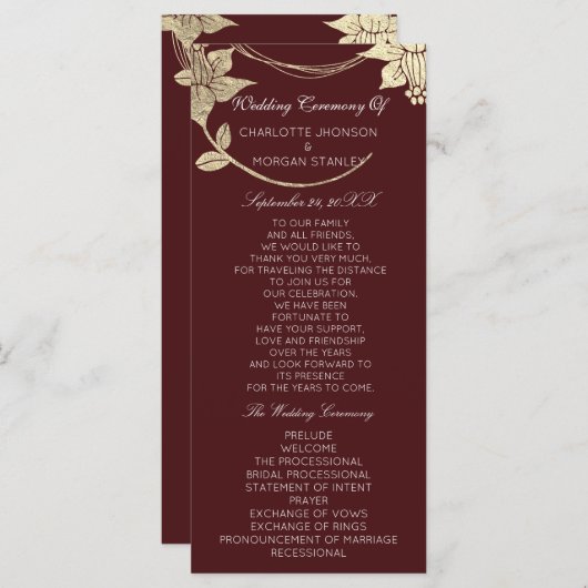 Burgundy Maroon Gold Floral Event Wedding Program Programmakaart (Voorkant / Achterkant)