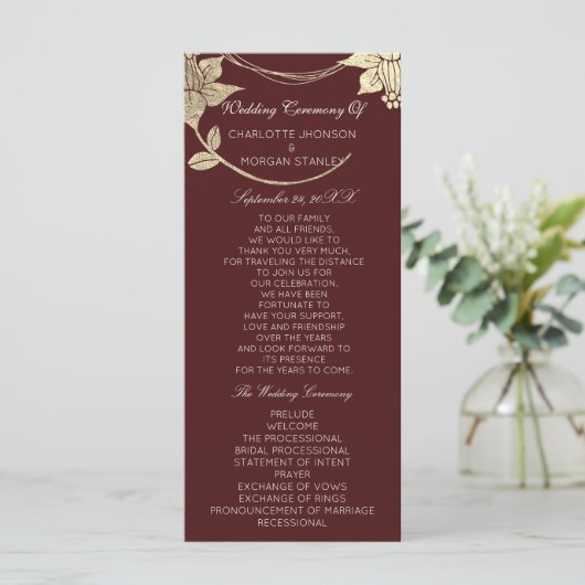 Burgundy Maroon Gold Floral Event Wedding Program Programmakaart (Staand voorkant)