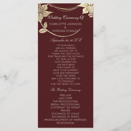 Burgundy Maroon Gold Floral Event Wedding Program Programmakaart (Voorkant)