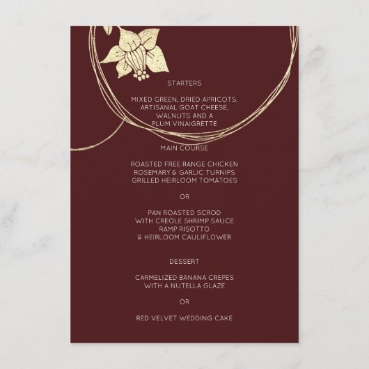 Burgundy Maroon Gold Floral Wedding Event Menu (Achterkant)