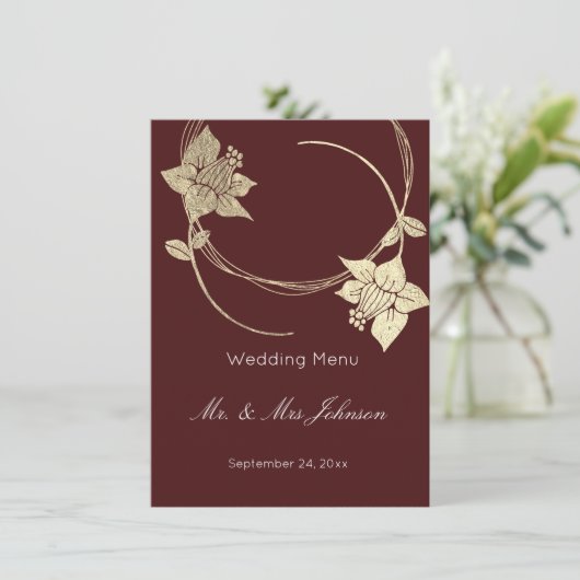 Burgundy Maroon Gold Floral Wedding Event Menu (Staand voorkant)