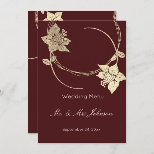 Burgundy Maroon Gold Floral Wedding Event Menu (Voorkant / Achterkant)