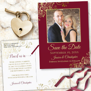 Burgundy Maroon & Gold Foto Save the Date Wedding Aankondigingskaart