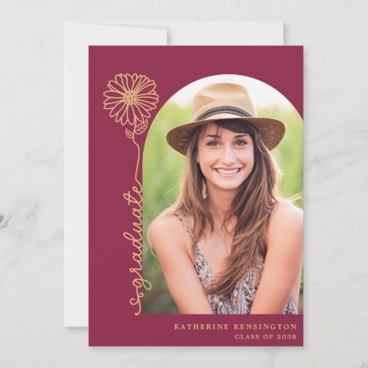 Burgundy Maroon Gold Handwrited Photo Afstuderen Kaart (Voorkant)
