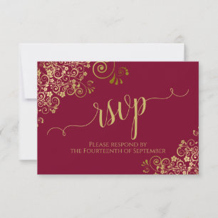 Burgundy Maroon & Gold Lace Calligraphy Wedding RSVP Kaartje
