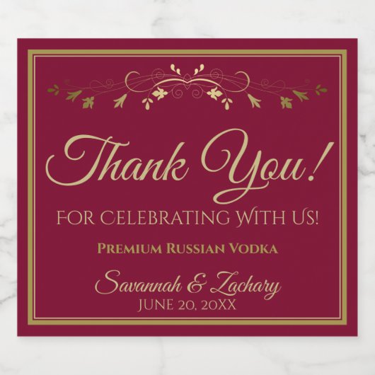 Burgundy Maroon & Gold Simple Weduwen Dank je Likeurfles Etiket (Enkel label)
