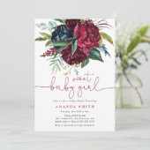 Burgundy Maroon Greenery Floral Girl Baby shower Kaart (Staand voorkant)