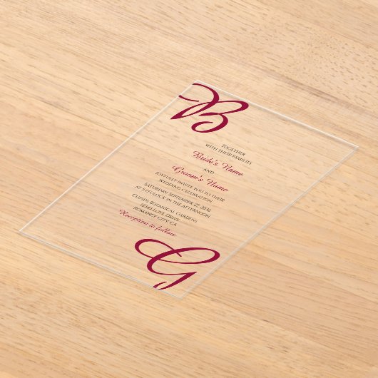 Burgundy Maroon Initialen herfst herfst huwelijk Acryl Uitnodigingen (Laagn)