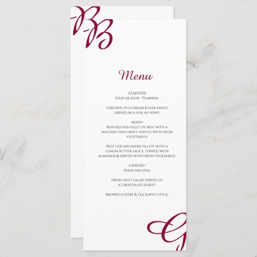 Burgundy Maroon Initialen herfst herfst huwelijk Menu (Voorkant / Achterkant)