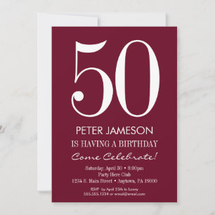 Burgundy Maroon Modern Adult Birthday Invitations Kaart