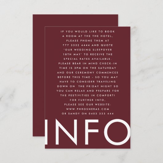 Burgundy Maroon Modern Bold Big Monogram Weddensch Informatiekaartje (Voorkant / Achterkant)