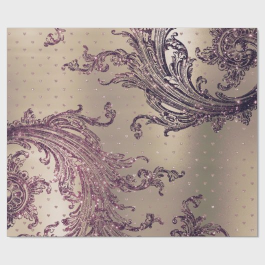 Burgundy Maroon Pink Rose Gold Royal Damask Hearts Cadeaupapier (Vlak)