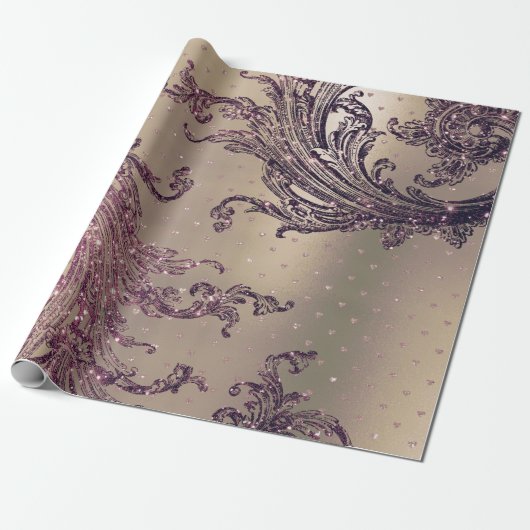 Burgundy Maroon Pink Rose Gold Royal Damask Hearts Cadeaupapier (Uitgerold)