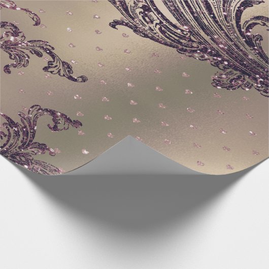 Burgundy Maroon Pink Rose Gold Royal Damask Hearts Cadeaupapier (Hoek)