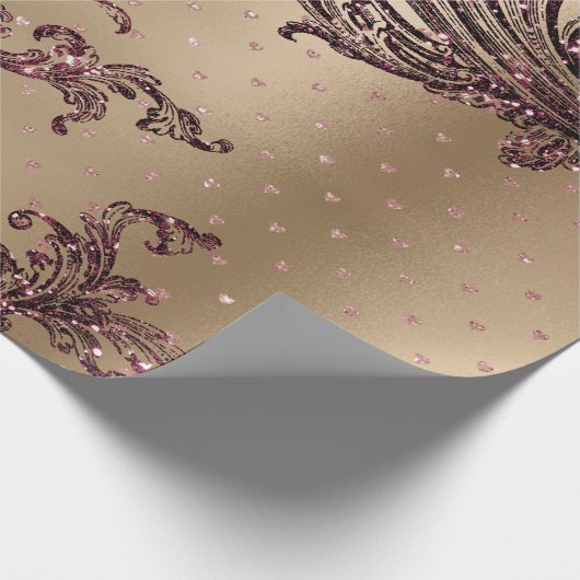 Burgundy Maroon Pink Rose Gold Royal Floral Hearts Cadeaupapier (Hoek)