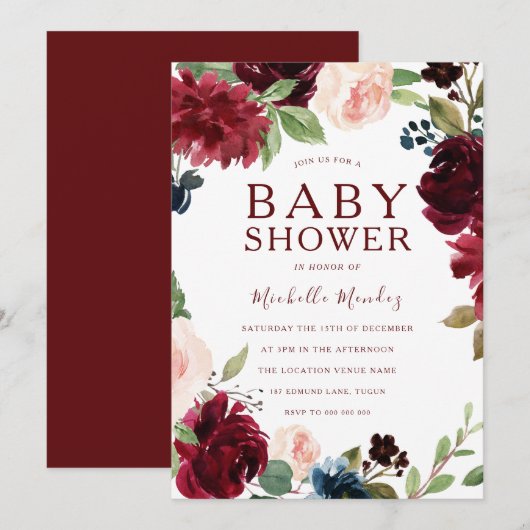 Burgundy Maroon Red Beauful Baby shower Kaart (Voorkant / Achterkant)