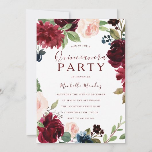 Burgundy Maroon Red Floral Quinceanera Kaart (Voorkant)
