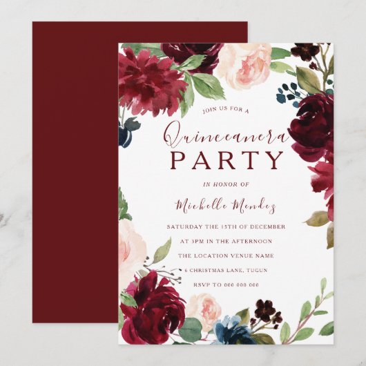 Burgundy Maroon Red Floral Quinceanera Kaart (Voorkant / Achterkant)