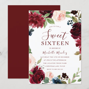 Burgundy Maroon Red Floral Sweet 16 Party Kaart