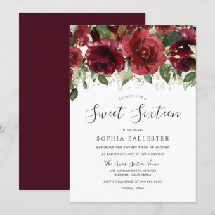 Burgundy Maroon Red Waterverf Flowers Sweet 16 Kaart