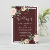 Burgundy Maroon Red Wine & Blush Flowers Weddensch Kaart (Staand voorkant)