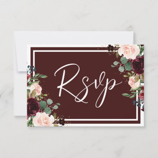 Burgundy Maroon Red Wine & Blush Flowers Weddensch RSVP Kaartje (Voorkant)