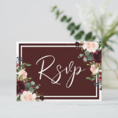Burgundy Maroon Red Wine & Blush Flowers Weddensch RSVP Kaartje (Staand voorkant)
