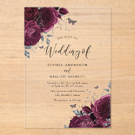 Burgundy Maroon Rozen met een zilveren legant huwe Acryl Uitnodigingen