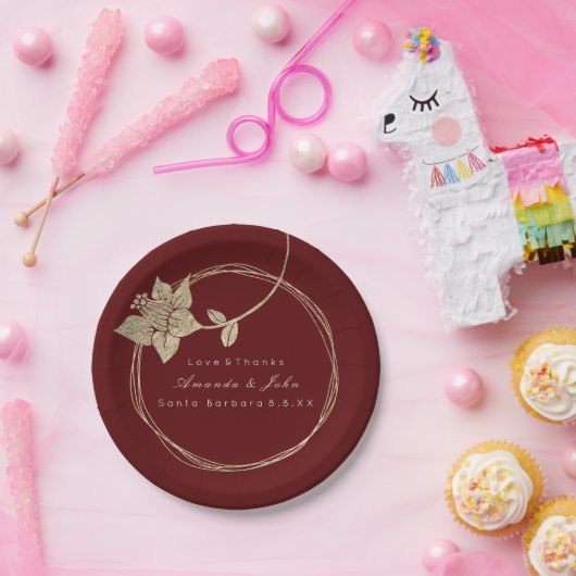 Burgundy Maroon Wedding Gold Floral Wreath Bridal Papieren Bordje (Feest)