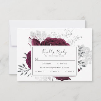 Burgundy Maroon Zilveren Bloem Herfst Bruiloft RSVP Kaartje