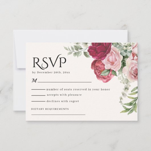 Burgundy Marsala and Blush Pink Floral Wedding RSVP Kaartje (Voorkant)