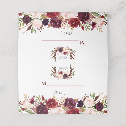 Burgundy Marsala Bloem Takken Tafelnummer Plaatskaartje (Buitenkant ongevouwen)